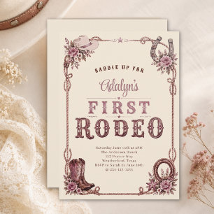 Girl Vintage Pink First Rodeo 1st Birthday Invitation