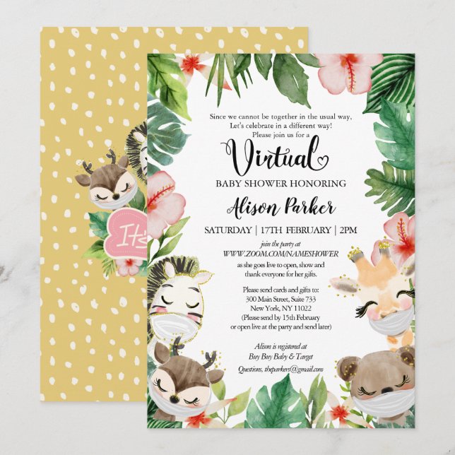 Girl Virtual Baby Shower | Masked Safari Friends Invitation (Front/Back)