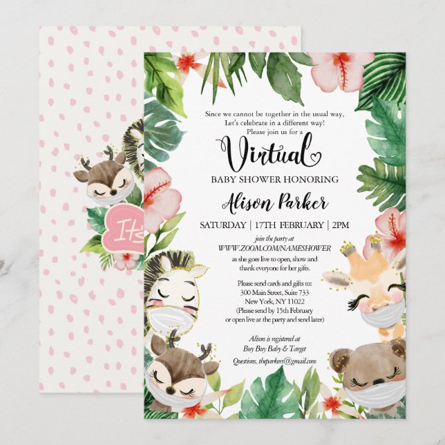 Girl Virtual Baby Shower | Masked Safari Friends Invitation (Front/Back)