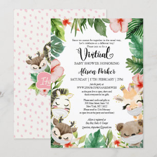Girl Virtual Baby Shower   Masked Safari Friends Invitation