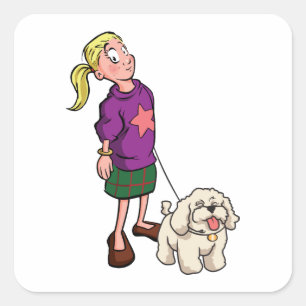 Girl Walking A Dog Square Sticker