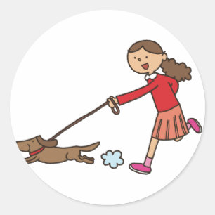 Girl Walking Dog - Dog Walker - cute cartoon Classic Round Sticker