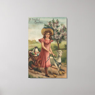 Girl Walking Lamb, Chick, and Rooster Canvas Print