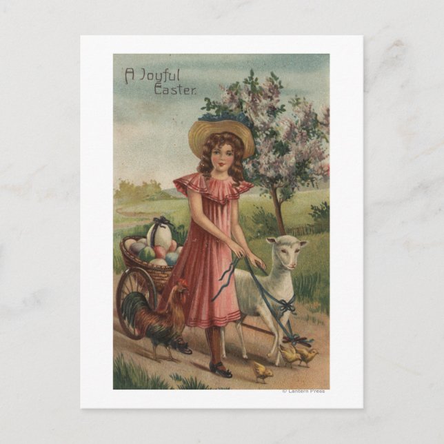 Girl Walking Lamb, Chick, and Rooster Postcard (Front)