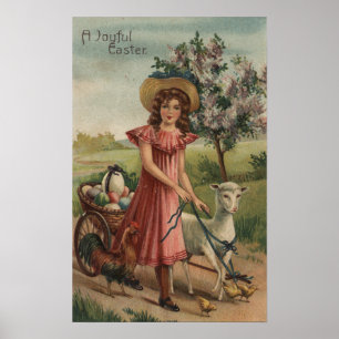 Girl Walking Lamb, Chick, and Rooster Poster