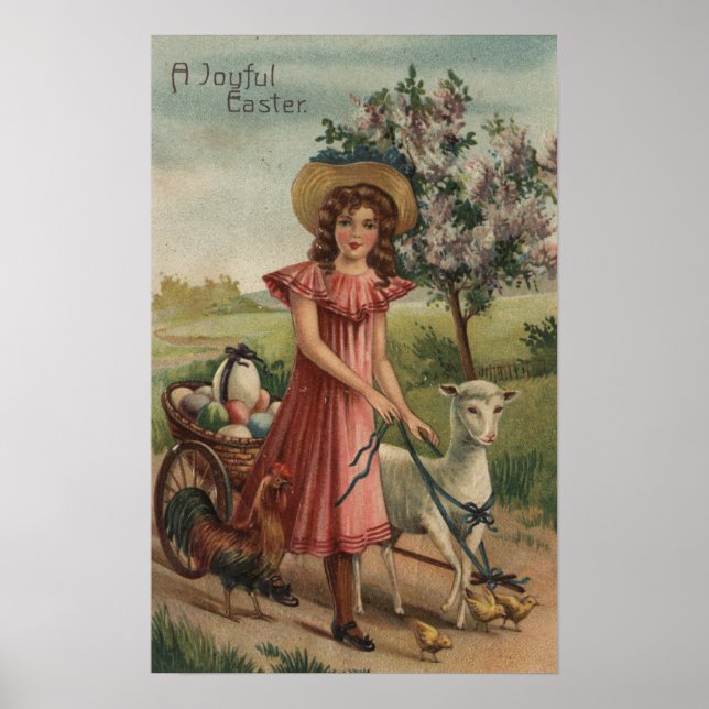 Girl Walking Lamb, Chick, and Rooster Poster (Front)