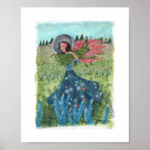 Girl walking through field flowers poster