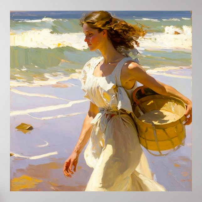 Girl Walking with Basket Along Shore on Sunny Day Poster (Front)