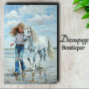 Girl Walks White Horse Beach Farmhouse Decoupage Tissue Paper