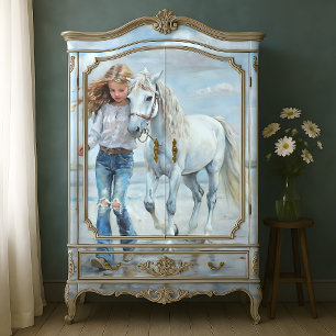 Girl Walks White Horse Beach Farmhouse Decoupage Tissue Paper
