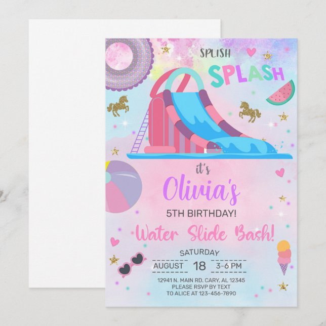 Girl water slide summer birthday invitation invite (Front/Back)