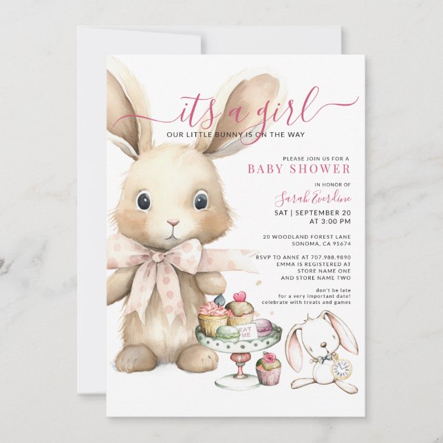 Girl Watercolor Bunny Baby Shower Invitation (Front)