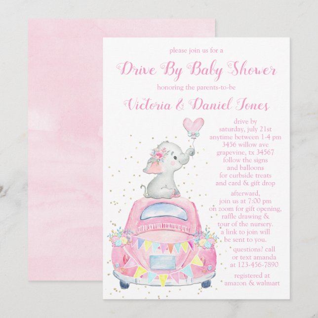 Girl Watercolor Elephant Car Drive By Baby Shower Invitation (Front/Back)