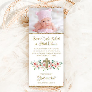 Girl Watercolor Floral Cross Godparent  Invitation