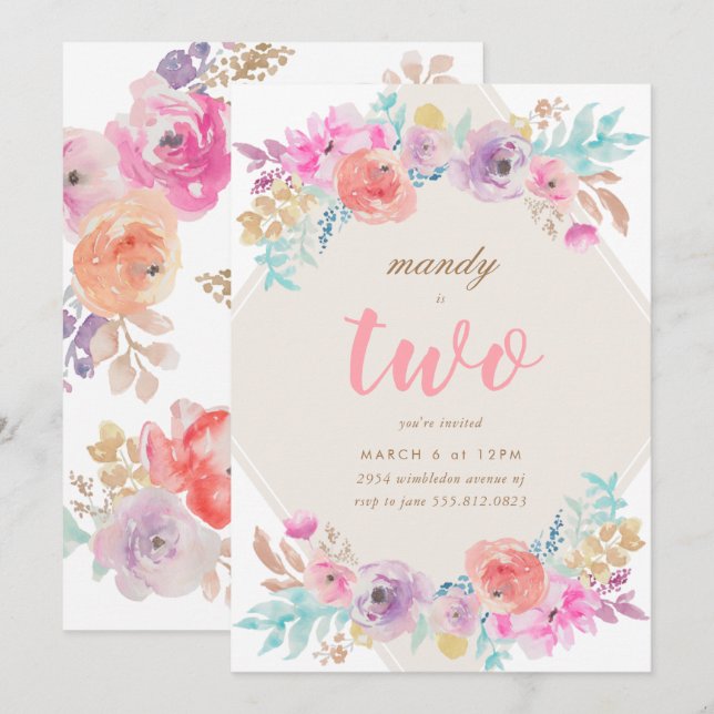 Girl Watercolor Flowers Second Birthday Invitation (Front/Back)