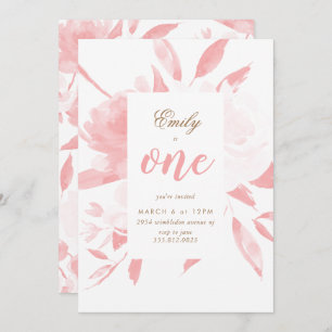 Girl Watercolor Pink First Birthday Invitation
