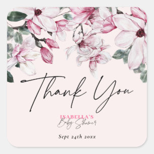 Girl Watercolor Pink Floral Baby Shower Thank You Square Sticker