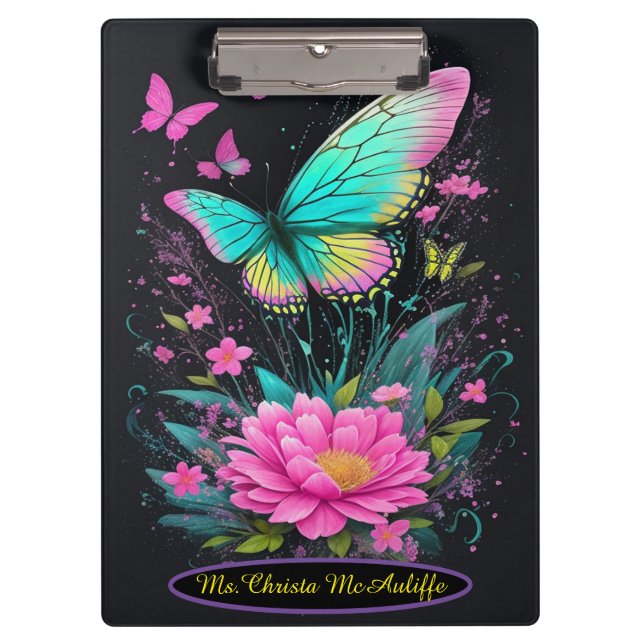 girl watercolor pink floral turquoise Butterflies Clipboard (Front)