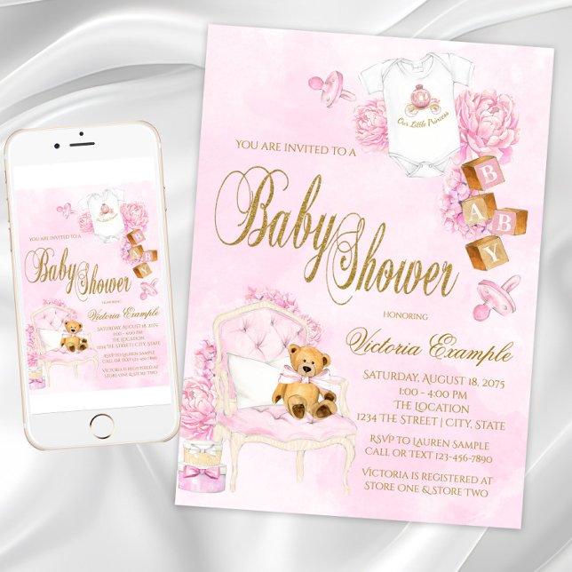 Girl Watercolor Pink Gold Teddy Bear Baby Shower Invitation (Girl Watercolor Pink Gold Teddy Bear Baby Shower Invitation. Download and printed available.)