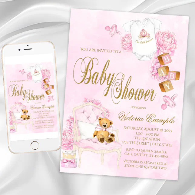 Girl Watercolor Pink Gold Teddy Bear Baby Shower Invitation | Zazzle