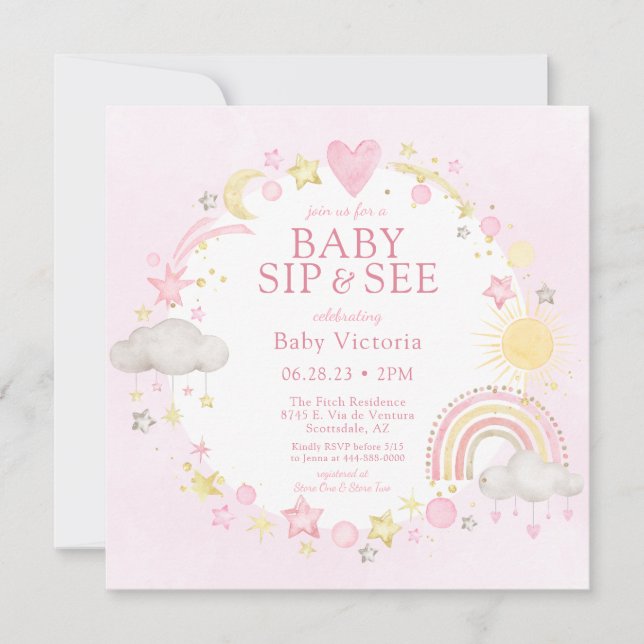 Girl Watercolor Rainbow Baby Sip And See Invitation (Front)