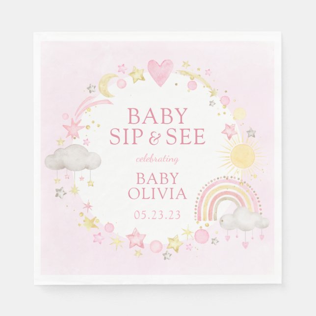 Girl Watercolor Rainbow Baby Sip And See Napkin (Front)