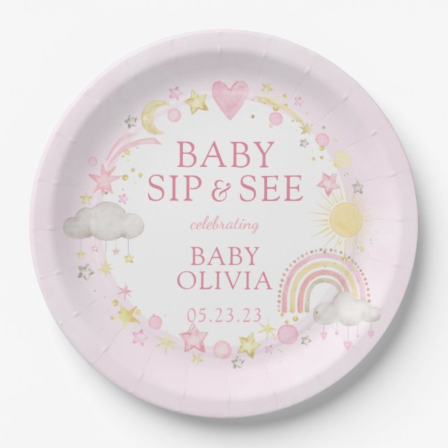 Girl Watercolor Rainbow Baby Sip And See Paper Plate (Front)