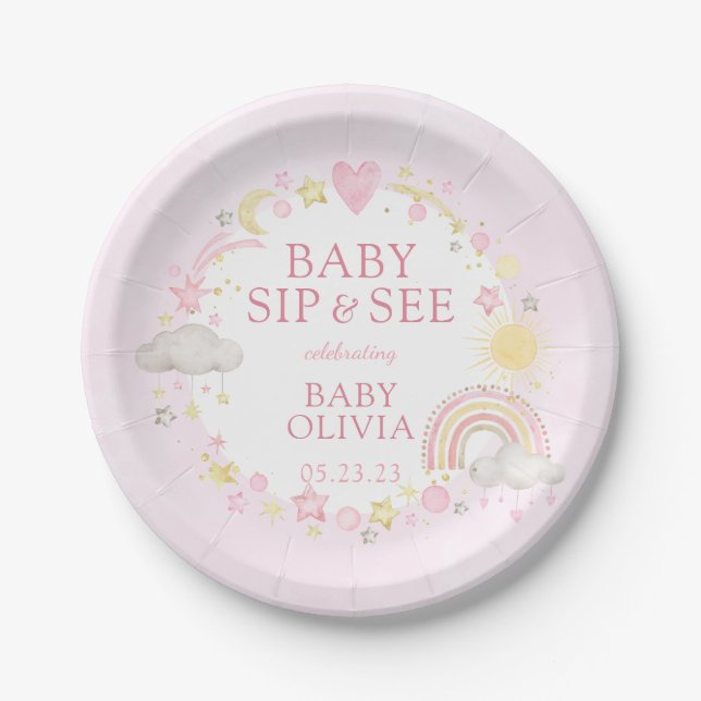 Girl Watercolor Rainbow Baby Sip And See Paper Plate (Front)