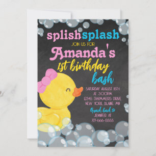Girl Watercolor Rubber Duck Chalkboard Birthday Invitation
