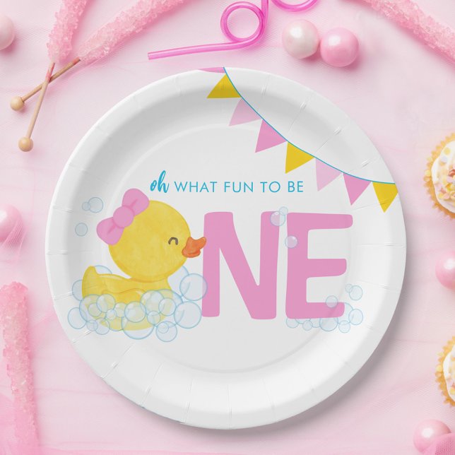 Girl Watercolor Rubber Duck ONE 1st Birthday Paper Plate (Oh What fun to be One Girl Rubber Duck 1st Birthday Paper Party Plates)