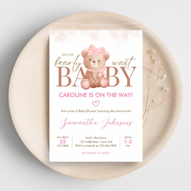Girl We Can Bearly Wait Baby Shower Invitation (We Can Bearly Wait Pink Bear Baby Shower Invitation)