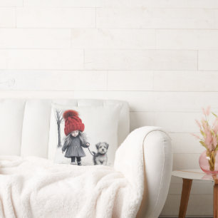 Girl Wearing 3D Knit Hat With Dog Cushion