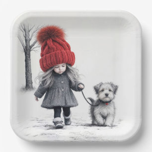 Girl Wearing 3D Knit Hat With Dog Paper Plate