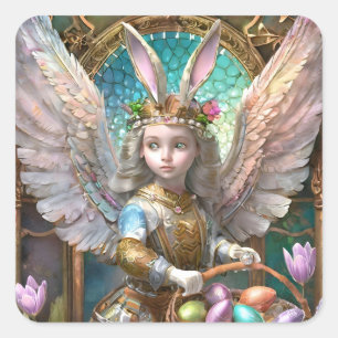 Girl Wearing Easter Bunny Angel Costume Square Sticker