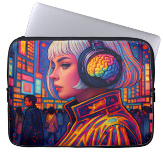 Girl Wearing Headphones With Rainbowy Brains Laptop Sleeve