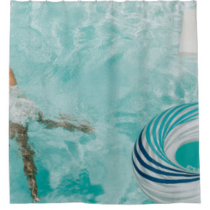Girl wearing swimsuit and swims in swimming pool shower curtain