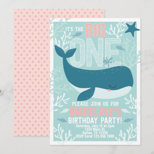 Girl Whale 1st Birthday Party Invitation Invite (Front/Back)