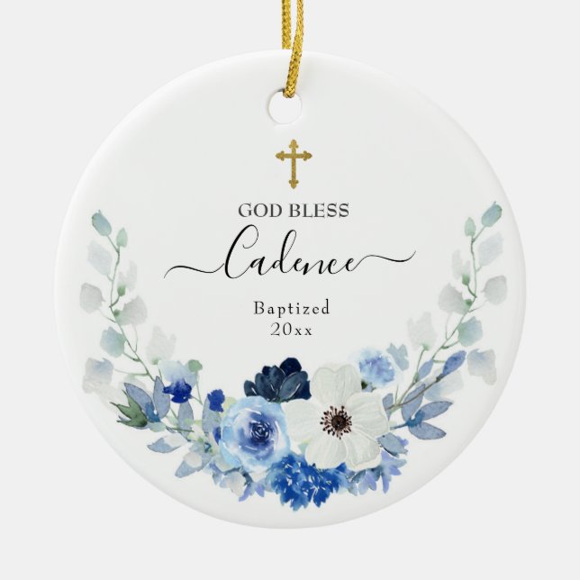 Girl White blue Floral Baptised Ceramic Ornament (Front)