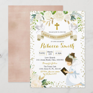 Girl White Floral First Holy Communion Invitation