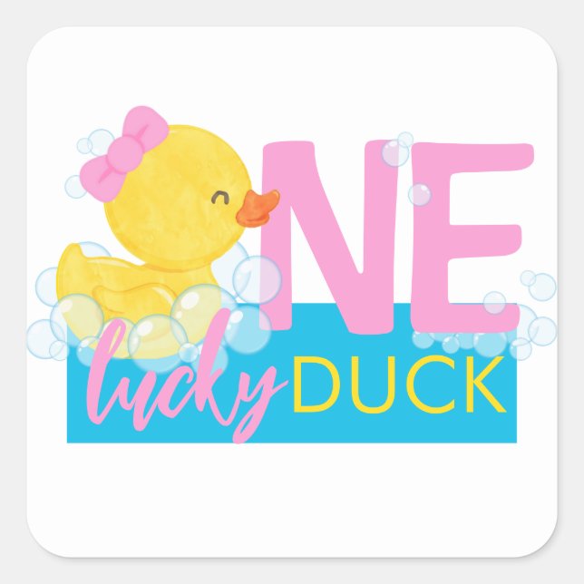 Girl White One Lucky Duck 1st Birthday Party Square Sticker (Front)