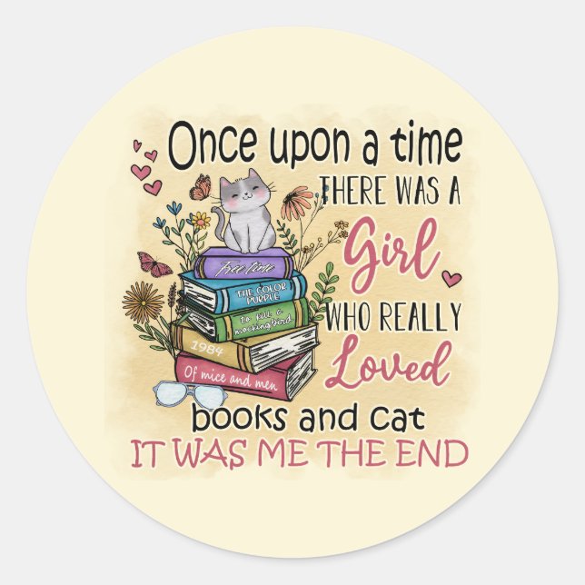 Girl Who Loves Books and Cats Classic Round Sticker (Front)