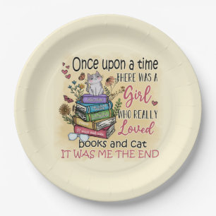 Girl Who Loves Books and Cats Paper Plate