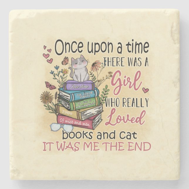 Girl Who Loves Books and Cats Stone Coaster (Front)