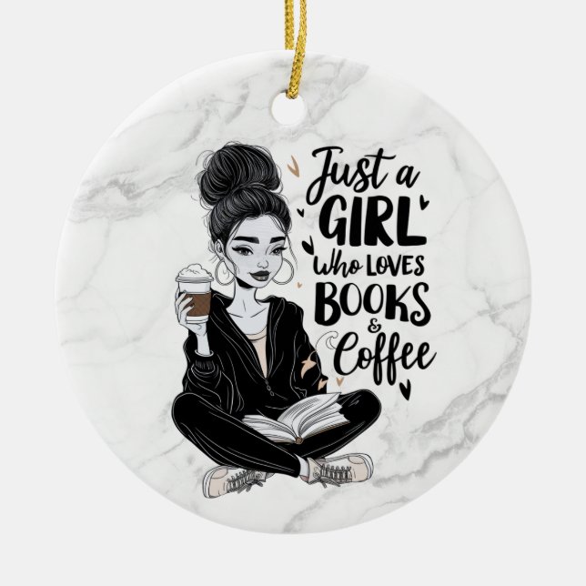 Girl Who Loves Books & Coffee Custom Black & White Ceramic Tree Decoration (Front)