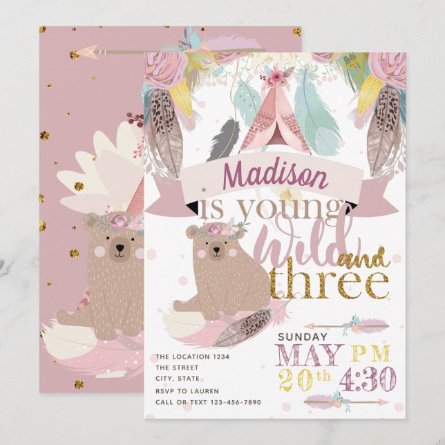 Girl Wild Boho Third Birthday Invitation (Front/Back)
