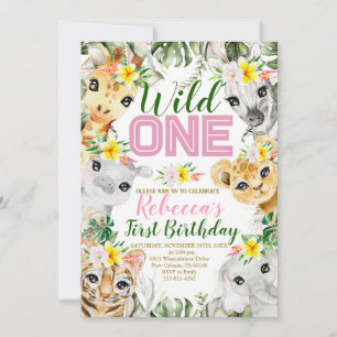 Girl Wild One Birthday Jungle Animals 1st Birthday Invitation