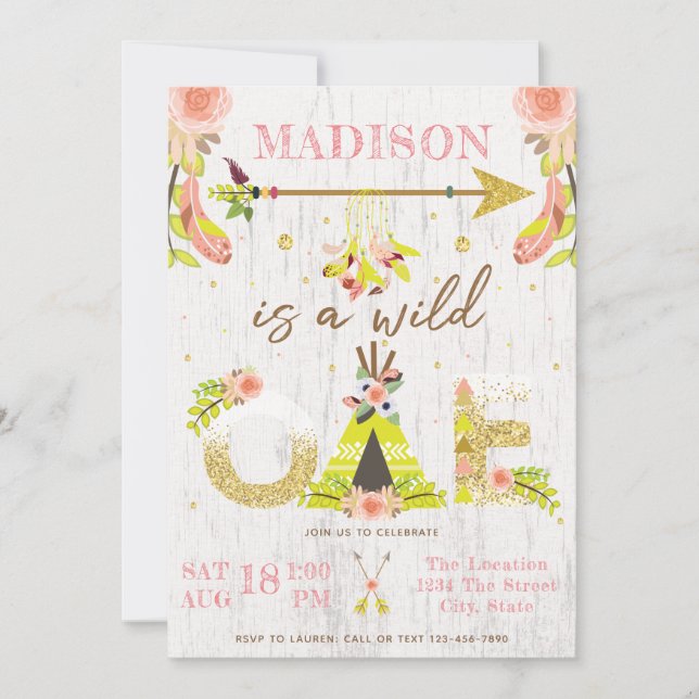 Girl Wild One Boho First Birthday Party Invitation (Front)