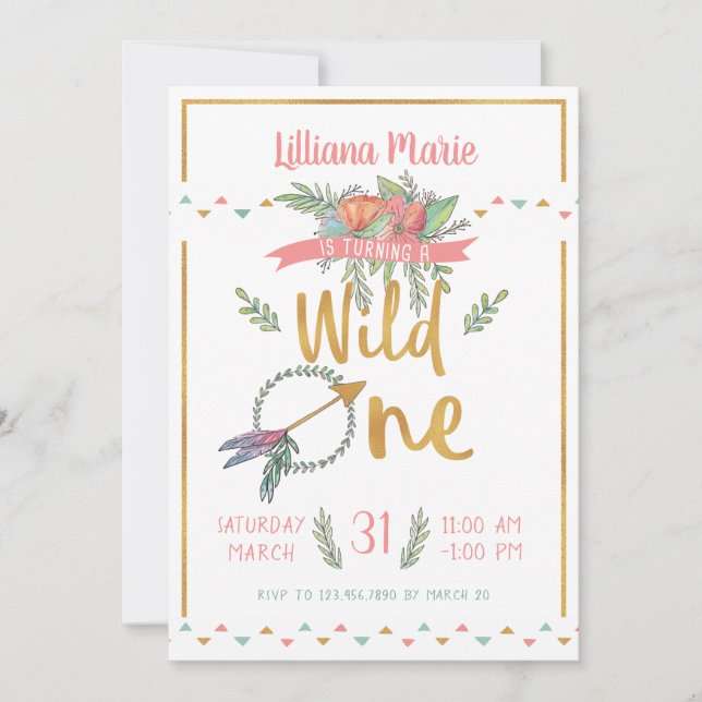 Girl Wild One Boho Tribal First Birthday Invite (Front)