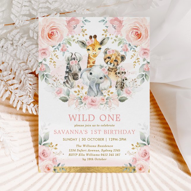 Girl Wild One Jungle Safari Blush Floral Birthday Invitation (Creator Uploaded)