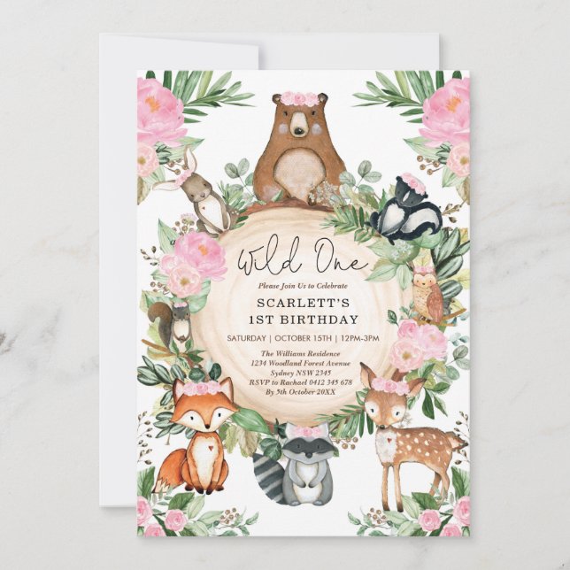 Girl Wild One Pink Floral Woodland 1st Birthday Invitation (Front)